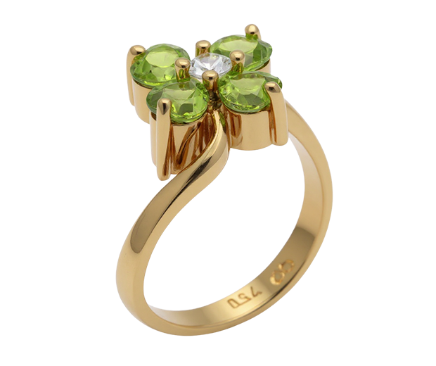 18KT GOLD RING SET WITH 01 WHITE SAPPHIRE AND 04 PERIDOTS